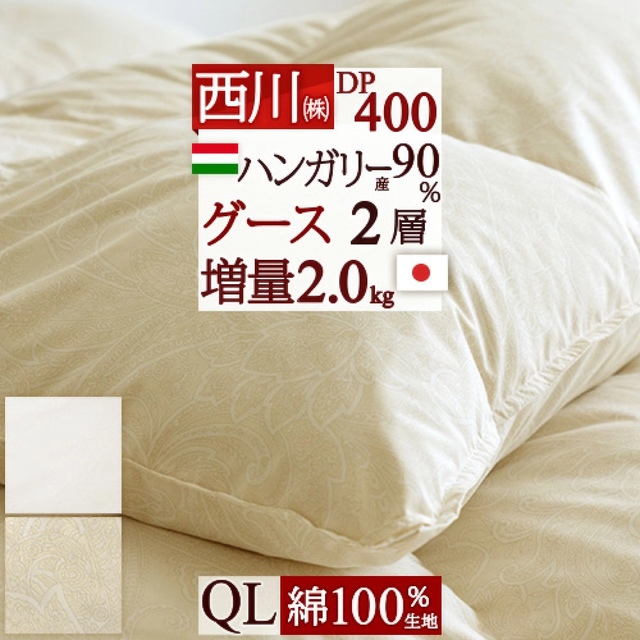 新しい到着 ふとんタウン 西川など寝具専門店羽毛布団 シングル 西川 シングルロング長身用 DP400 ハンガリー産グースダウン90％ 羽毛掛け布団 