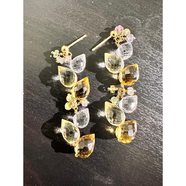 k14gf 蕾型 ビアクォーツ レモンクォーツ 水晶 マルチサファイア ピアス ハンドメイドのアクセサリー(ピアス)の商品写真