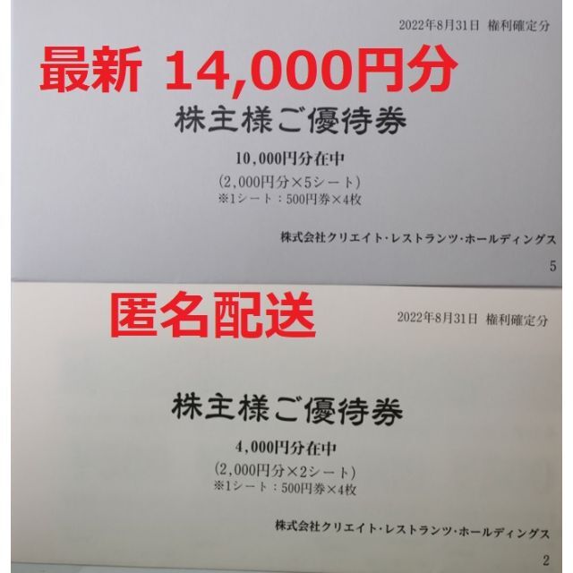 クリエイトレストランツ 株主優待 14,000円分 最新 匿名配送