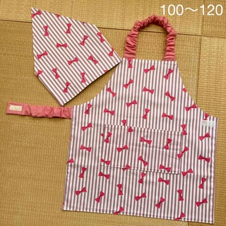 100〜120キッズエプロン＆三角巾♡リボンストライプ紫(ファッション雑貨)