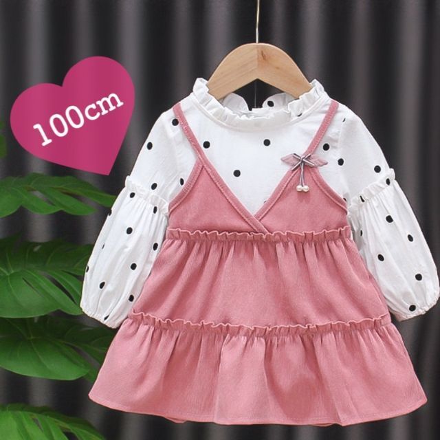 新品 100㎝ ワンピース ピンク ドット 長袖 キッズ 女の子 キッズ/ベビー/マタニティのキッズ服女の子用(90cm~)(ワンピース)の商品写真