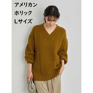 アメリカンホリック(AMERICAN HOLIC)の新品【Ｌサイズ・ブラウン】Vネック 袖ボリューム ケーブル ニット プルオーバー(ニット/セーター)