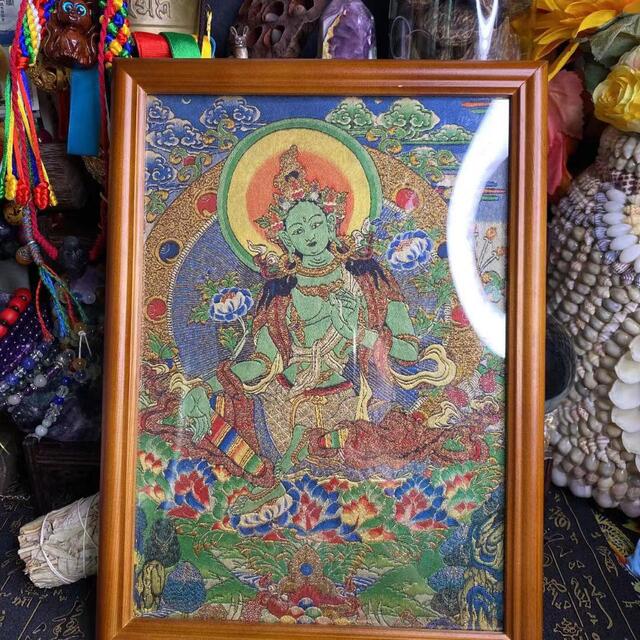 藏品 チベット唐カード純手作り 刺繍 綠度母 菩薩 観音 グリーンターラ 珍品