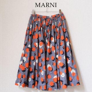 マルニ(Marni)の22年商品 マルニ MARNI シャンブレー ネイビー 花柄 スカート(ロングスカート)