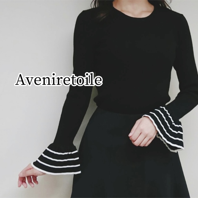 Aveniretoile 袖フリルボーダーニットプルオーバー 大人綺麗め55cm着丈