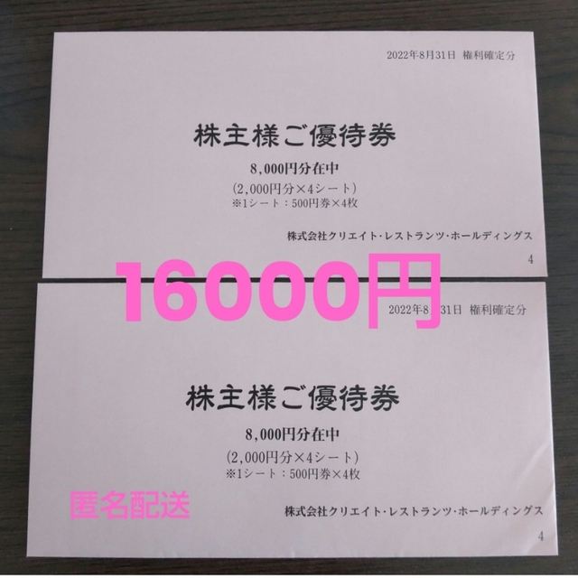 優待券/割引券クリエイトレストランツ しゃぶ菜 株主優待 18000円 送料無料