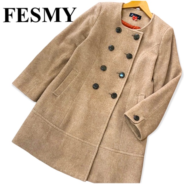 美品 FESMY ウール アンゴラ混 ノーカラーロングコート Lサイズ ベージュ