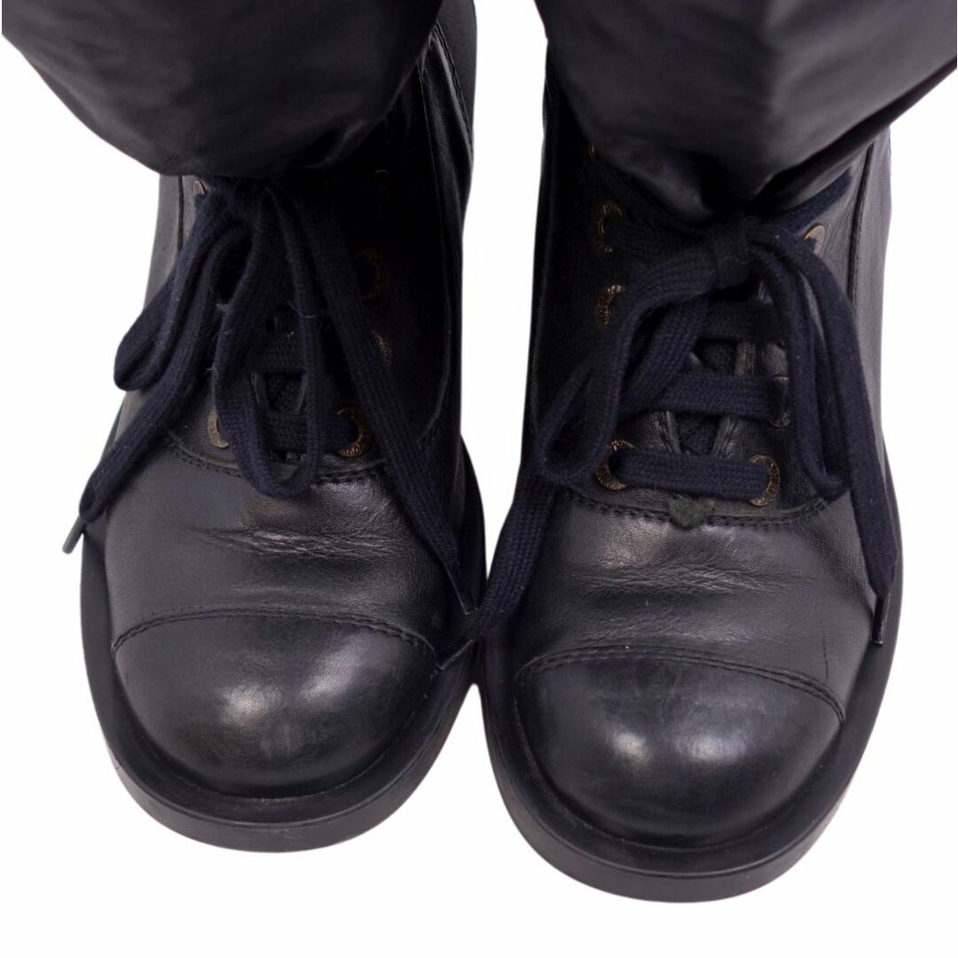 CHANEL(シャネル)のシャネル CHANEL ブーツ ドッキング レースアップ カーフレザー ヒール シューズ 靴 レディース 37 ブラック レディースの靴/シューズ(ブーツ)の商品写真