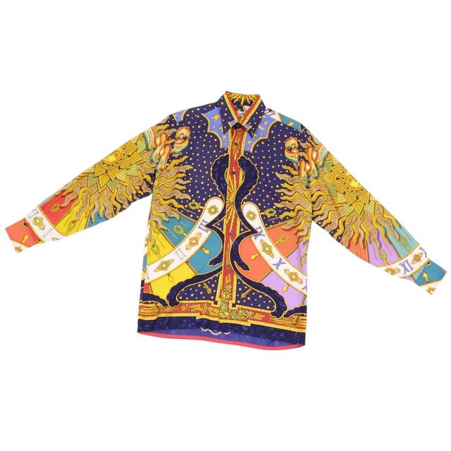 極美品 エルメス HERMES シャツ ロングスリーブ CARPE DIEM 総柄 セリエボタン シルク トップス メンズ フランス製 37/14 1/2(S相当) マルチカラー