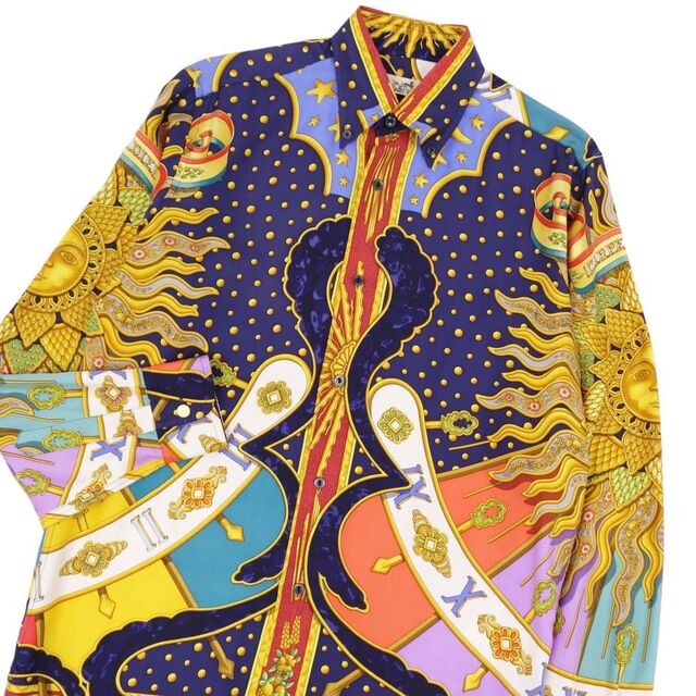 極美品 エルメス HERMES シャツ ロングスリーブ CARPE DIEM 総柄 セリエボタン シルク トップス メンズ フランス製 37/14 1/2(S相当) マルチカラー