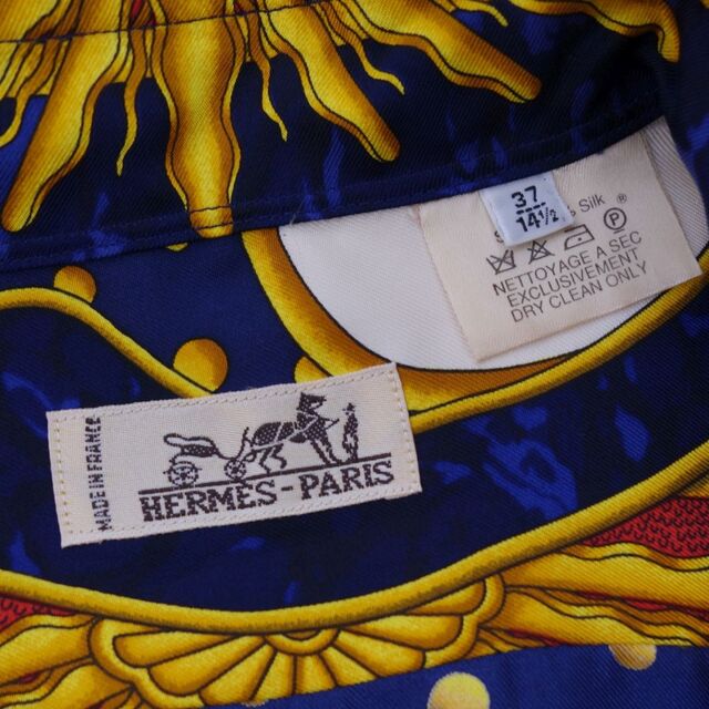 極美品 エルメス HERMES シャツ ロングスリーブ CARPE DIEM 総柄 セリエボタン シルク トップス メンズ フランス製 37/14 1/2(S相当) マルチカラー