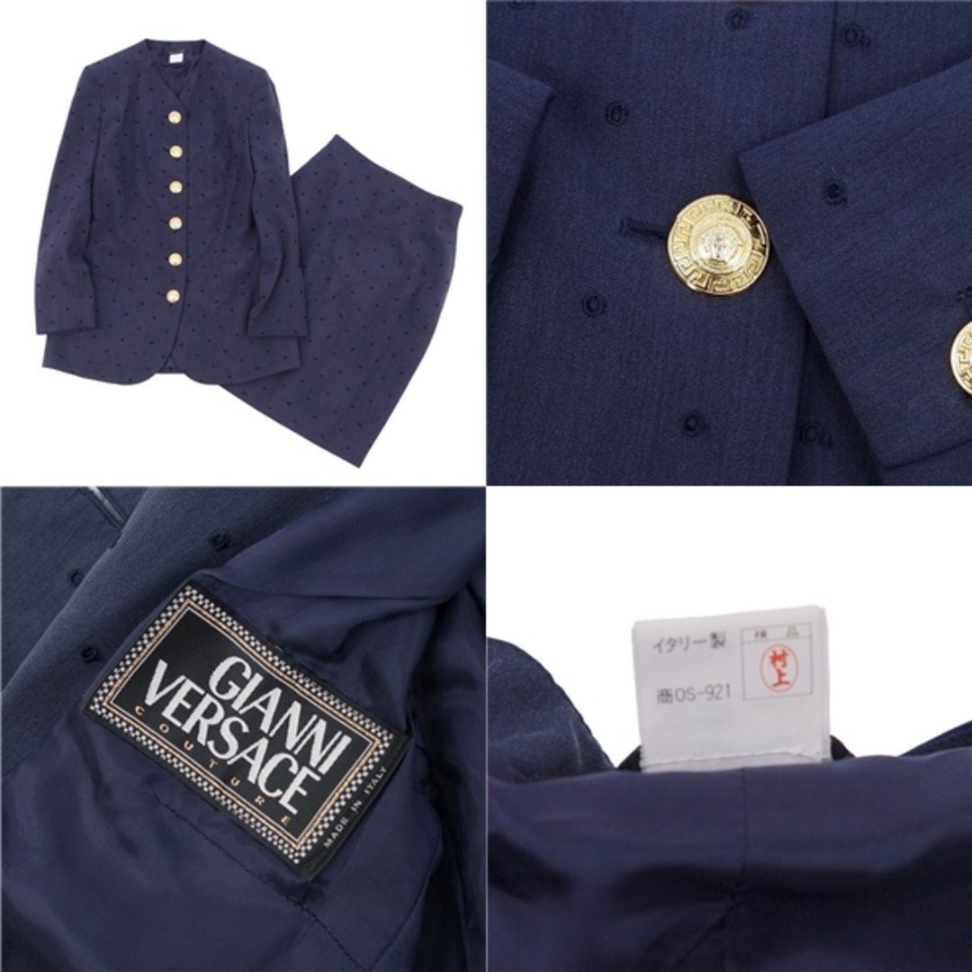 美品 Vintage ジャンニヴェルサーチ GIANNI VERSACE スーツ セットアップ メデューサボタン ウール シルク ジャケット スカート レディース 40(M相当) ネイビー