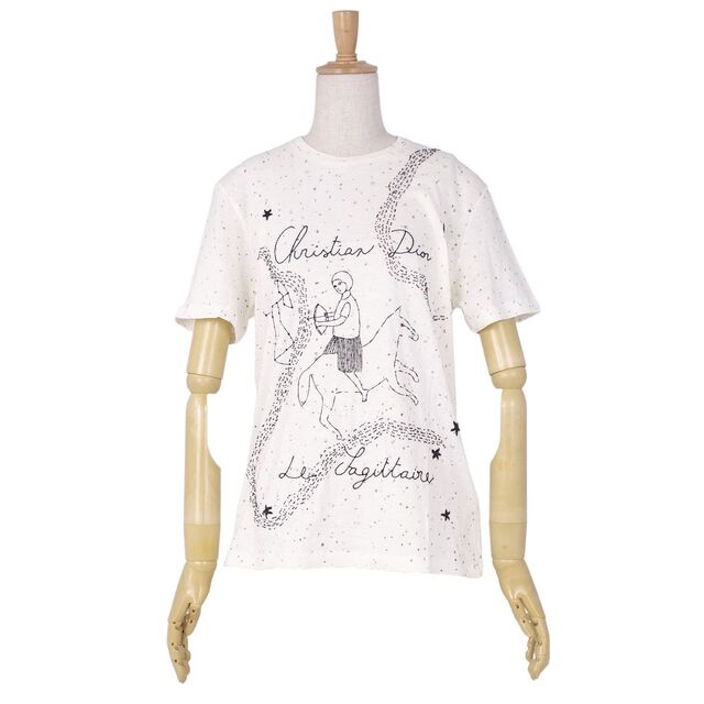 美品 クリスチャンディオール Christian Dior Tシャツ カットソー コットン リネン ビーズ 刺繍 レディース 半袖 ショートスリーブ トップス S オフホワイト