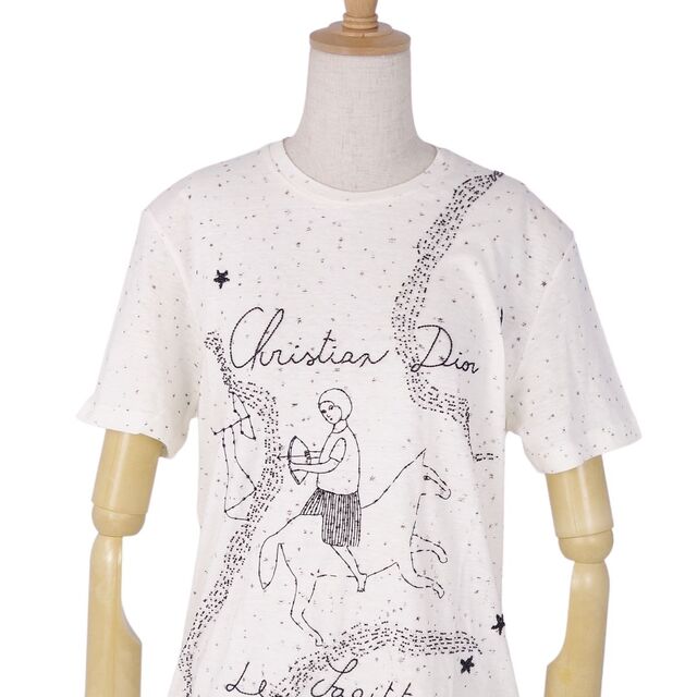 美品 クリスチャンディオール Christian Dior Tシャツ カットソー コットン リネン ビーズ 刺繍 レディース 半袖 ショートスリーブ  トップス S オフホワイト