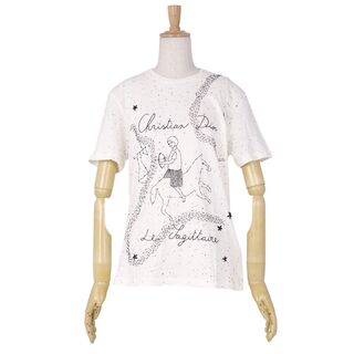 美品 クリスチャンディオール Christian Dior Tシャツ カットソー コットン リネン ビーズ 刺繍 レディース 半袖 ショートスリーブ トップス S オフホワイト