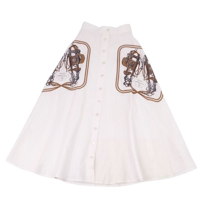 Vintage エルメス HERMES スカート リネン フレア ロングスカート プリント レディース ボトムス 38(M相当) ホワイト