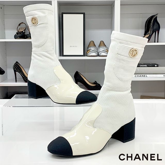 CHANEL - 5407 シャネル ココマーク ニット パテント ファブリック ショートブーツ