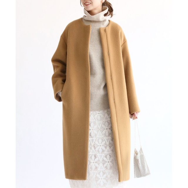 値段が安い 美品 IENA ラムウールノーカラーロングコート イエナ ノー