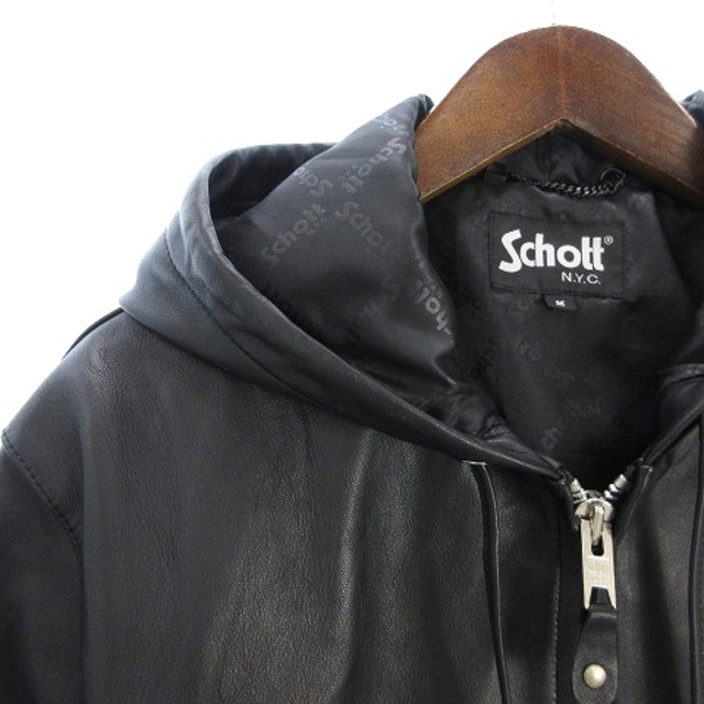 schott(ショット)のショット Lether Full Zip ライダース パーカー 黒 M ■SM0 メンズのジャケット/アウター(ライダースジャケット)の商品写真