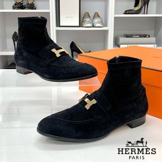 エルメス(Hermes)の5022 エルメス サントノーレ スエード H金具 ショートブーツ ブラック(ブーツ)