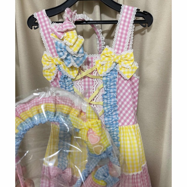 Angelic Pretty(アンジェリックプリティー)のギンガム配色肩リボンジャンパースカート レディースのワンピース(ひざ丈ワンピース)の商品写真