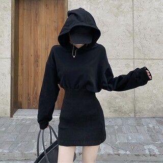 ♉スウェットワンピ フード付き ■ブラック【XL】長袖 黒 韓国ファッション(ミニワンピース)