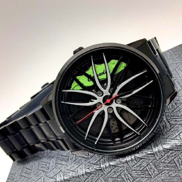 新品 ホイール 腕時計 カスタム 3Dリムハブ ステンレス黒×緑