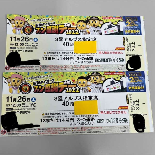 阪神タイガース ファン感謝デー 2022 チケット2枚