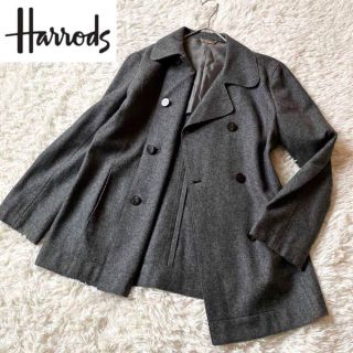 Harrods*ハロッズ　千鳥柄ロングコート　2way　ファー襟付　3　L相当