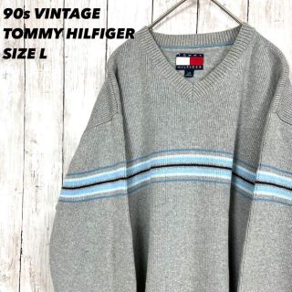 トミーヒルフィガー(TOMMY HILFIGER)の90sヴィンテージ古着　トミーヒルフィガーVネックコットンニットセーター　L灰.(ニット/セーター)