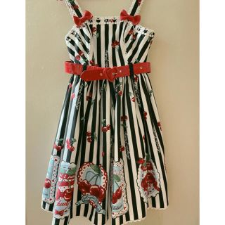 アンジェリックプリティー(Angelic Pretty)のCherry Stamp ジャンパースカート　カチューシャ　靴下セット(ひざ丈ワンピース)