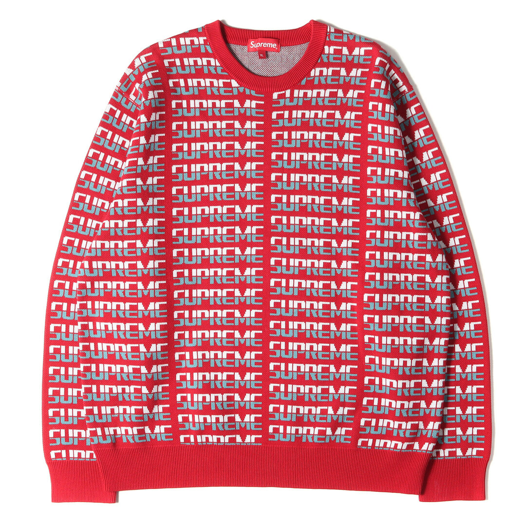 Supreme シュプリーム ニット ブランドロゴ 柄 クルーネック ニットセーター Repeat Sweater 17AW レッド 赤 XL トップス 長袖 ミディアムウェイト 【メンズ】【美品】