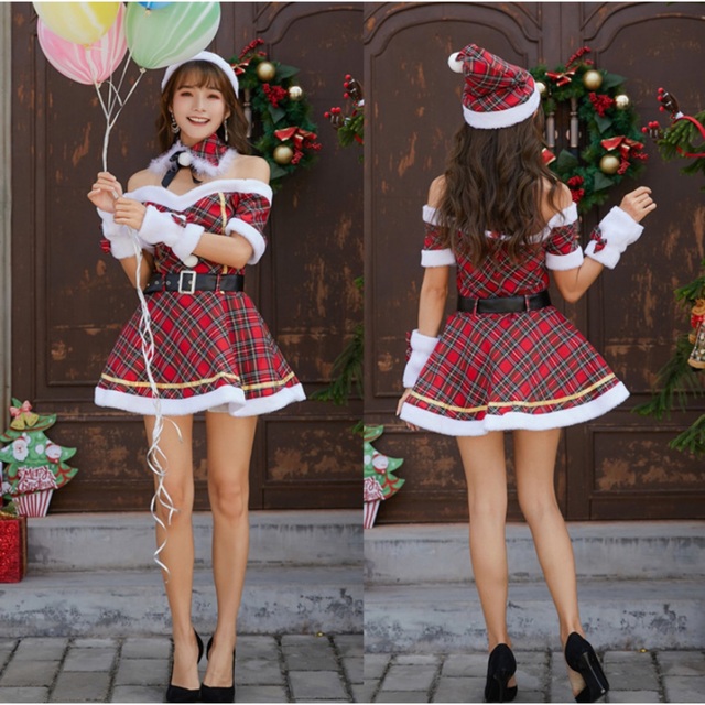 新品 未使用 M クリスマス コスプレ サンタ 赤 帽子 チェック チョーカー 1