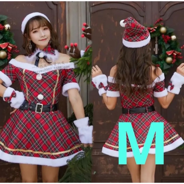 新品 未使用 M クリスマス コスプレ サンタ 赤 帽子 チェック チョーカー