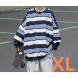 インポート♪ ボーダー メンズ プルオーバー ルーズシルエット ブルー XL(Tシャツ/カットソー(七分/長袖))