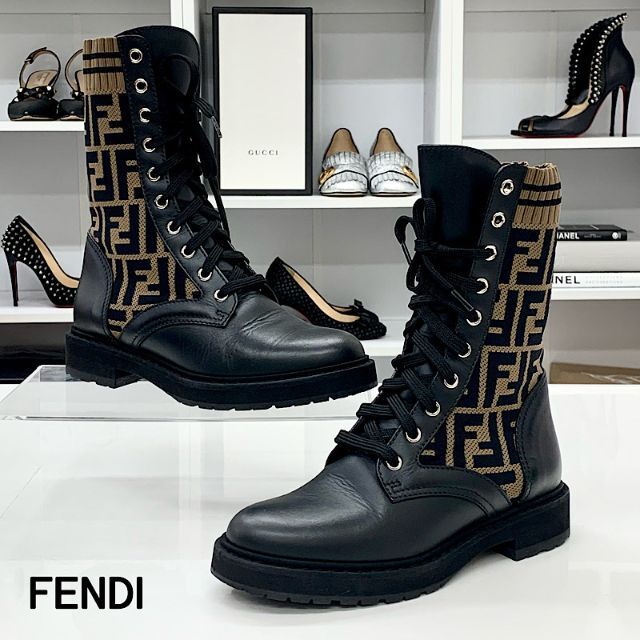 FENDI - 5240 フェンディ ロココ レザー ニット ズッカ レースアップ