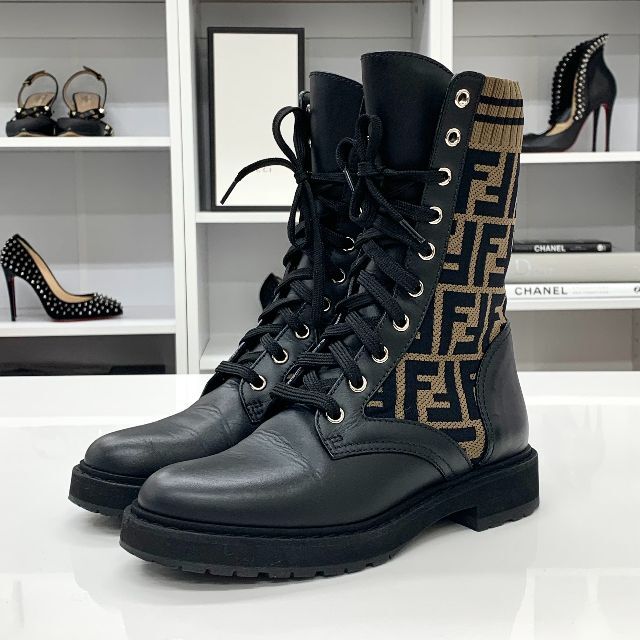 FENDI FF モチーフ ズッカ ニット切替 レザー レースアップ ブーツ