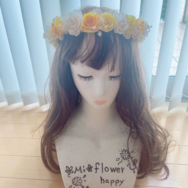 花かんむり♡黄色♡かすみ草ミックス ハンドメイドのウェディング(ヘッドドレス/ドレス)の商品写真