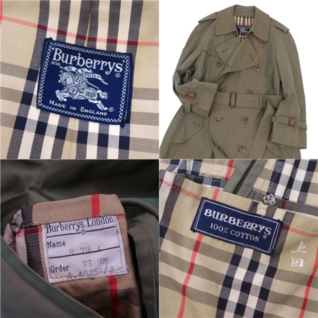 Vintage バーバリー Burberrys コート 英国製 トレンチコート コットン100% 裏チェック アウター メンズ S オリーブカーキ