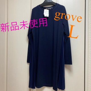 グローブ(grove)のgrove サイドプリーツ ワンピース 紺(ひざ丈ワンピース)