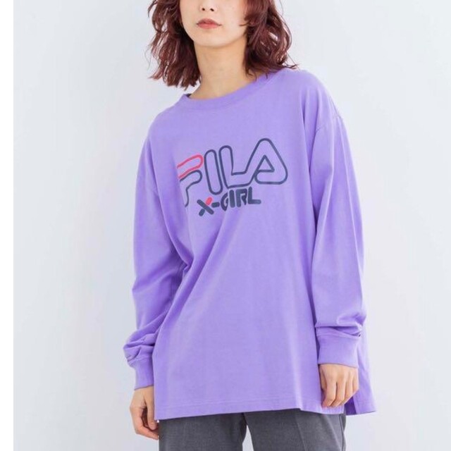 X-girl(エックスガール)の【格安❗️即購入OK❗️】X-girl FILA  ロングTシャツ パープル レディースのトップス(Tシャツ(長袖/七分))の商品写真