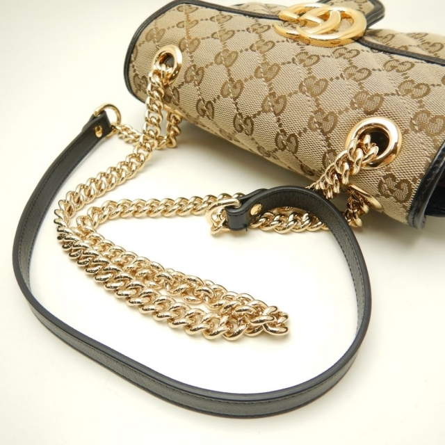 グッチ GUCCI チェーンショルダーバッグ GGマーモント 446744 斜め掛けショルダーバッグ キャンバス × レザー ベージュ × ブラック / 151526【中古】