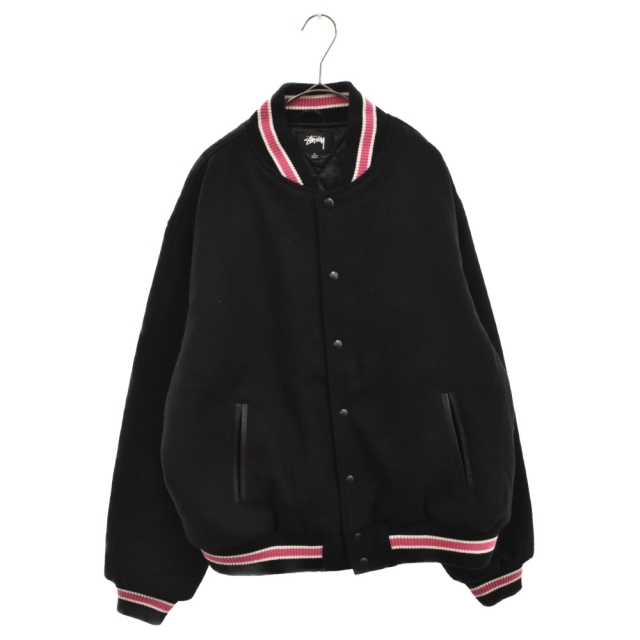 STUSSY ステューシー S TALK MELTON VARSITY JACKET バックメッセージ刺繍 メルトン バーシティジャケット 裏地キルティング スタジャン ブラック 115665 | フリマアプリ ラクマ