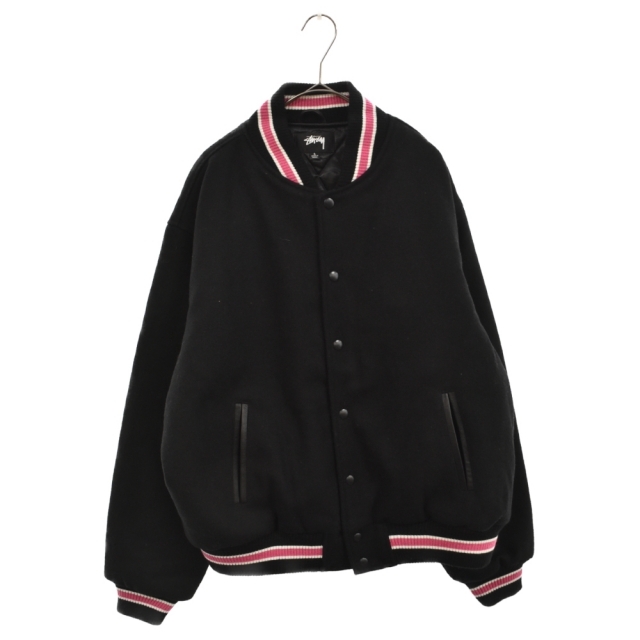 STUSSY ステューシー S TALK MELTON VARSITY JACKET バックメッセージ刺繍 メルトン バーシティジャケット 裏地キルティング スタジャン ブラック 115665