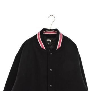 STUSSY ステューシー S TALK MELTON VARSITY JACKET バックメッセージ刺繍 メルトン バーシティジャケット  裏地キルティング スタジャン ブラック 115665