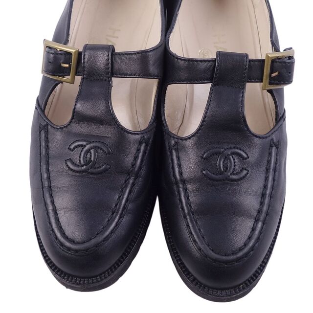 Vintage シャネル CHANEL ローファー Tストラップ レザー ココマーク レディース シューズ 靴 38 ブラック