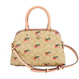 コーチ(COACH)の新品 コーチ COACH ハンドバッグ ストロベリープリント ミニ リリー キャリーオール ベージュ ピンク(ハンドバッグ)