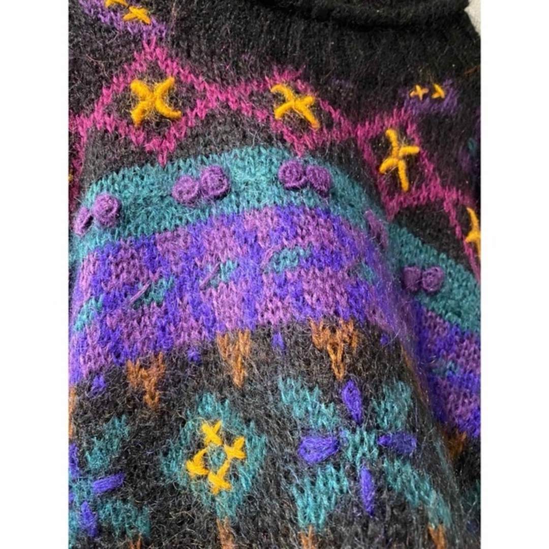 古着 ビンテージ 80s ザックリ モヘア ニット 総柄 ネイティブ 希少 美品-