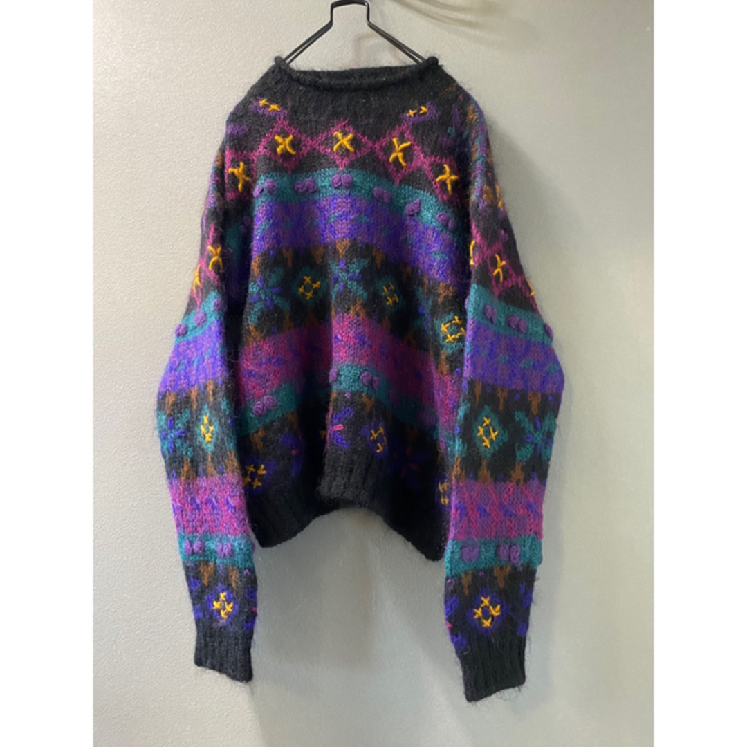 古着 ビンテージ 80s ザックリ モヘア ニット 総柄 ネイティブ 希少 美品-