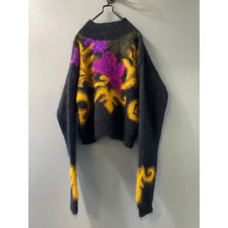 ビンテージ 80s 花柄 丈短め 黒 モヘア ニット セーター 希少 美品